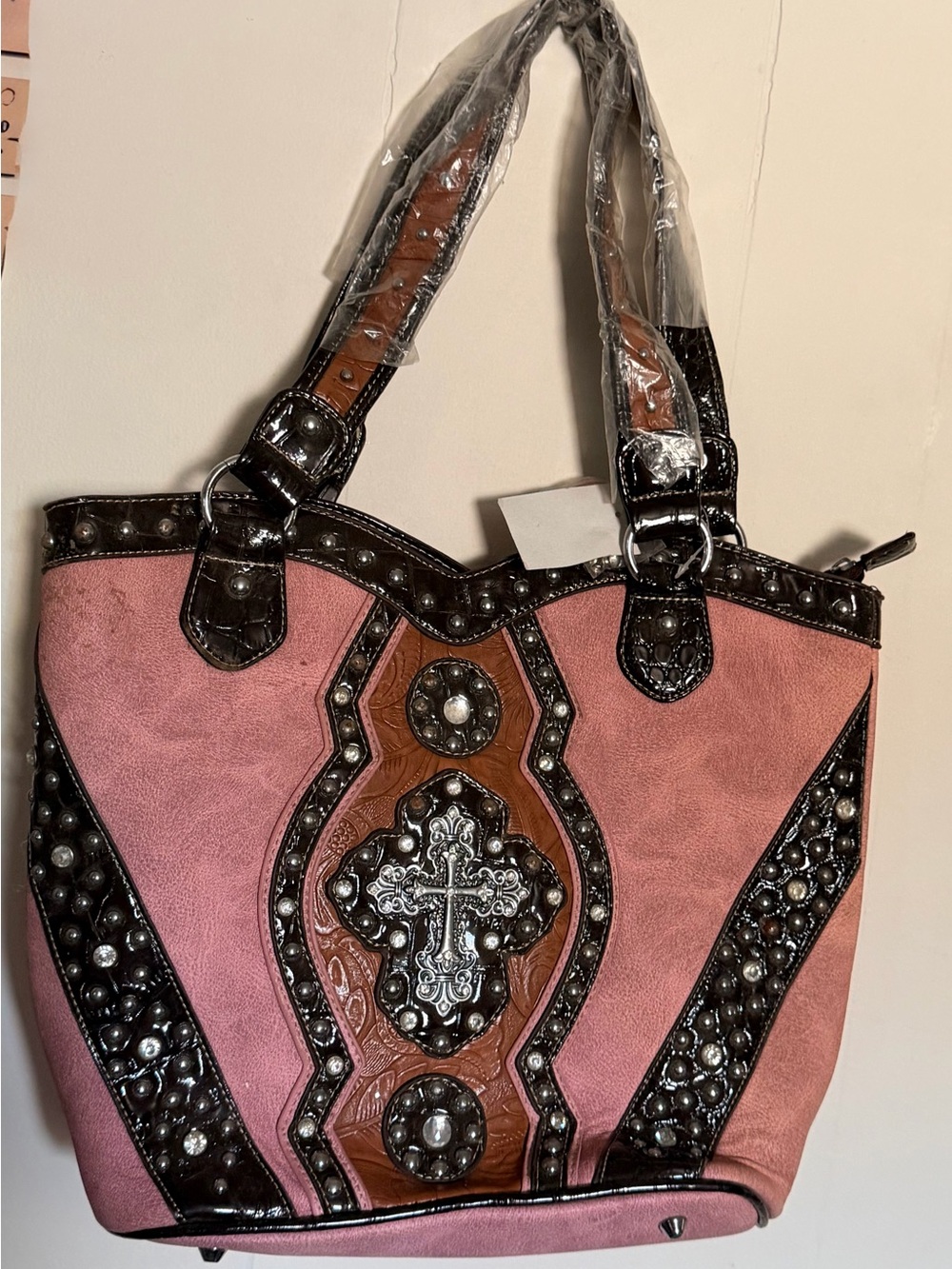 Light Pink Brown Western Handbag Silver Cross and Rhinestones  11” x 15”